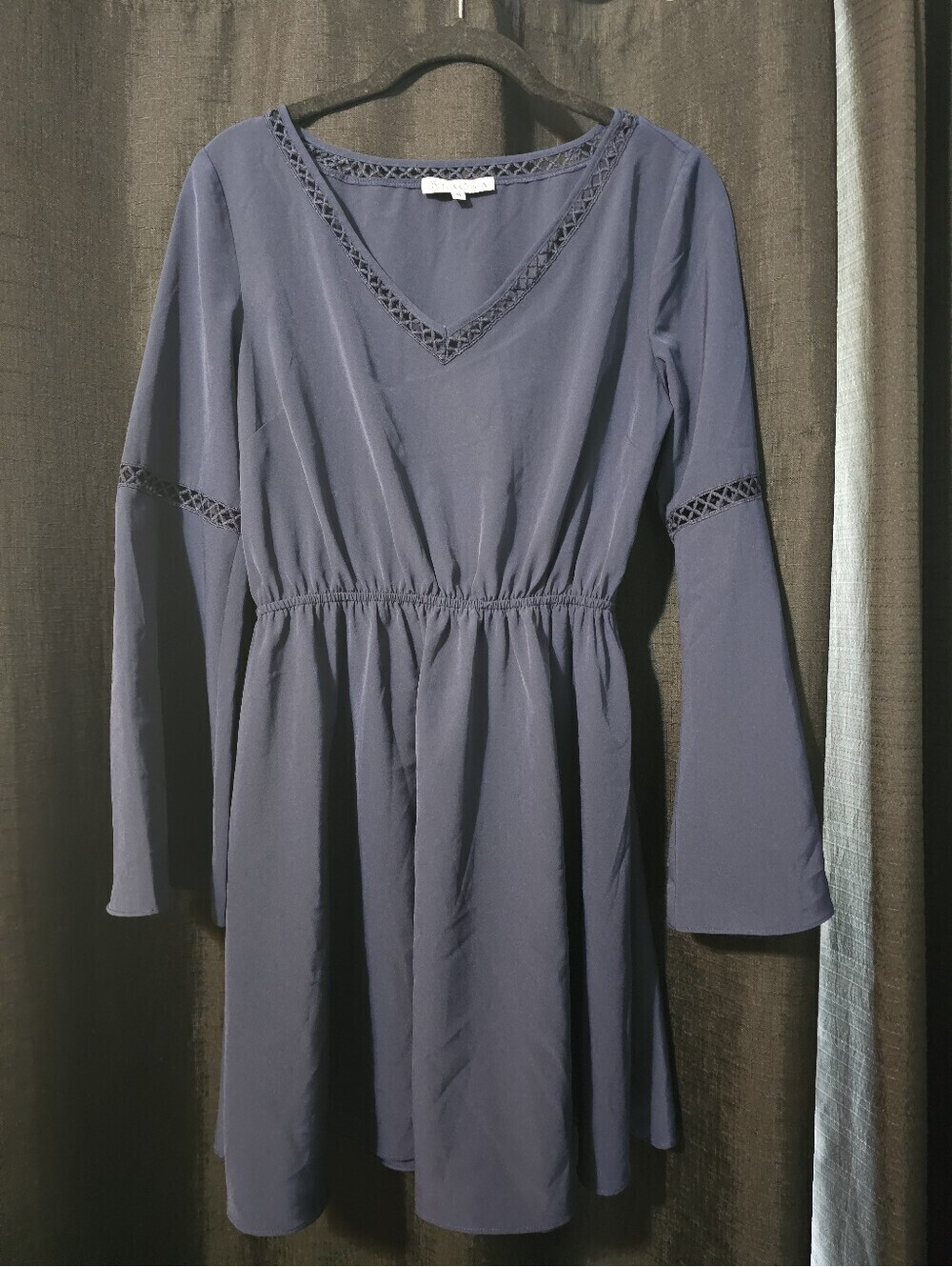 Long Sleeve Bella Chica V-Neck Navy Lace-Trim Dress M
